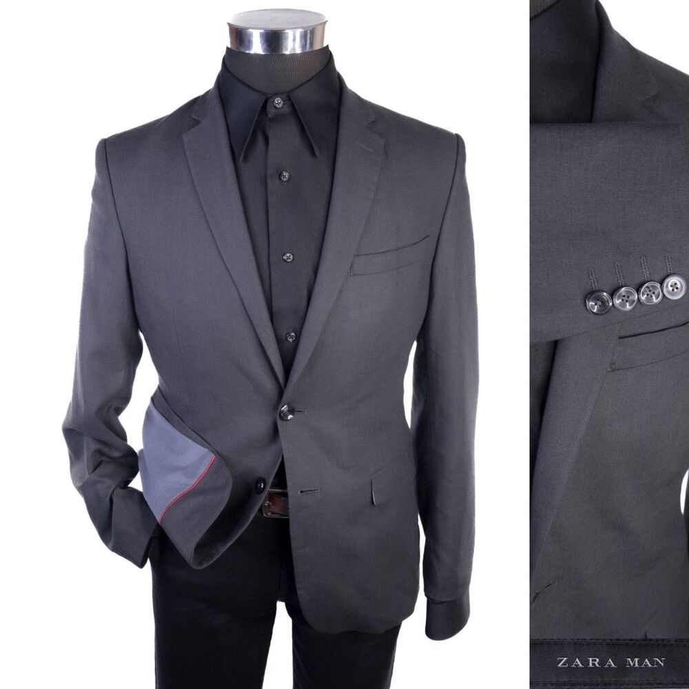Zara Blazer Mens Sz 36S Solid Gray 2-Button Sport Coat Jacket Blazer Poly Blend